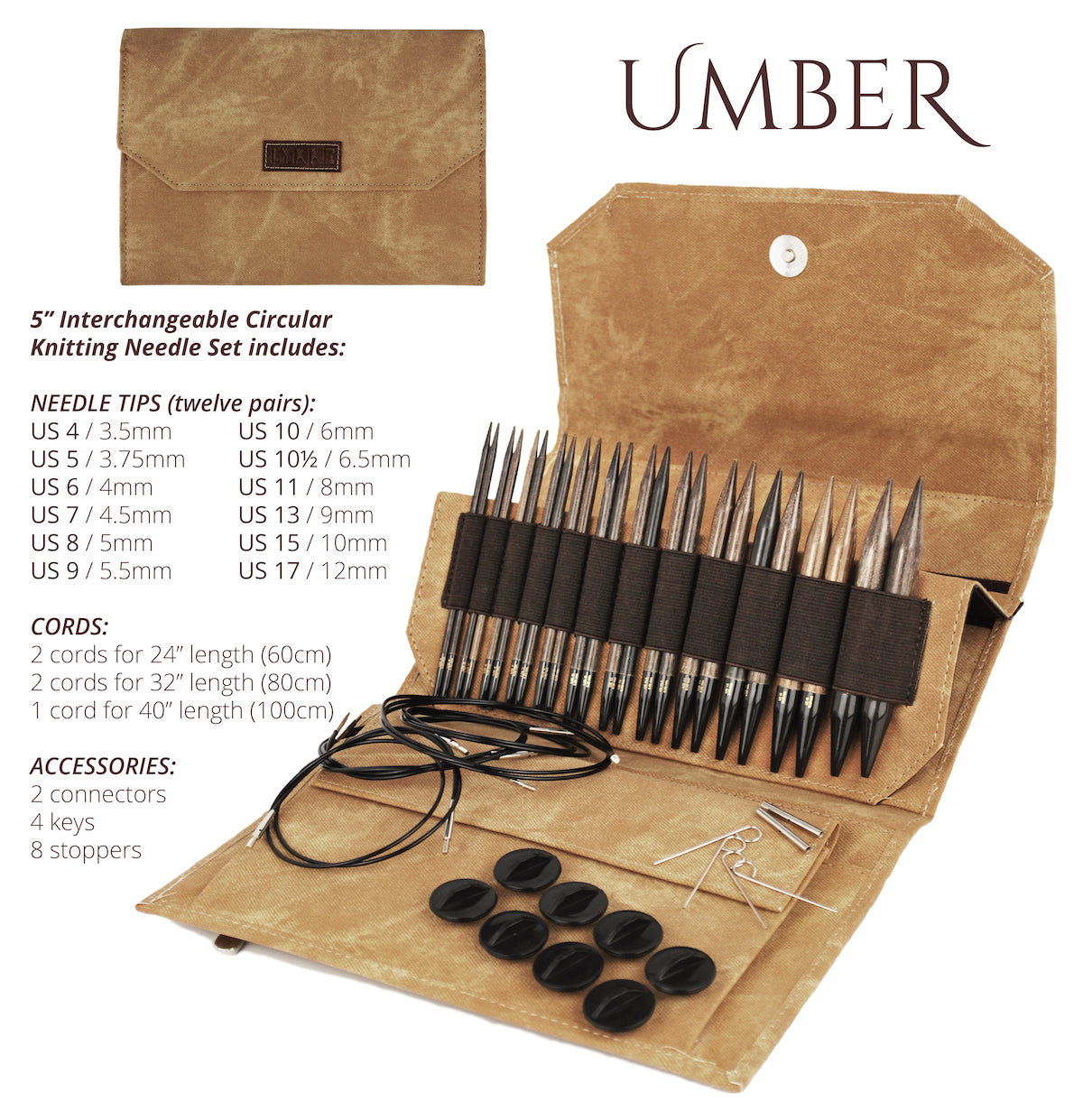 LYKKE KNITTING NEEDLE SET 5"- UMBER