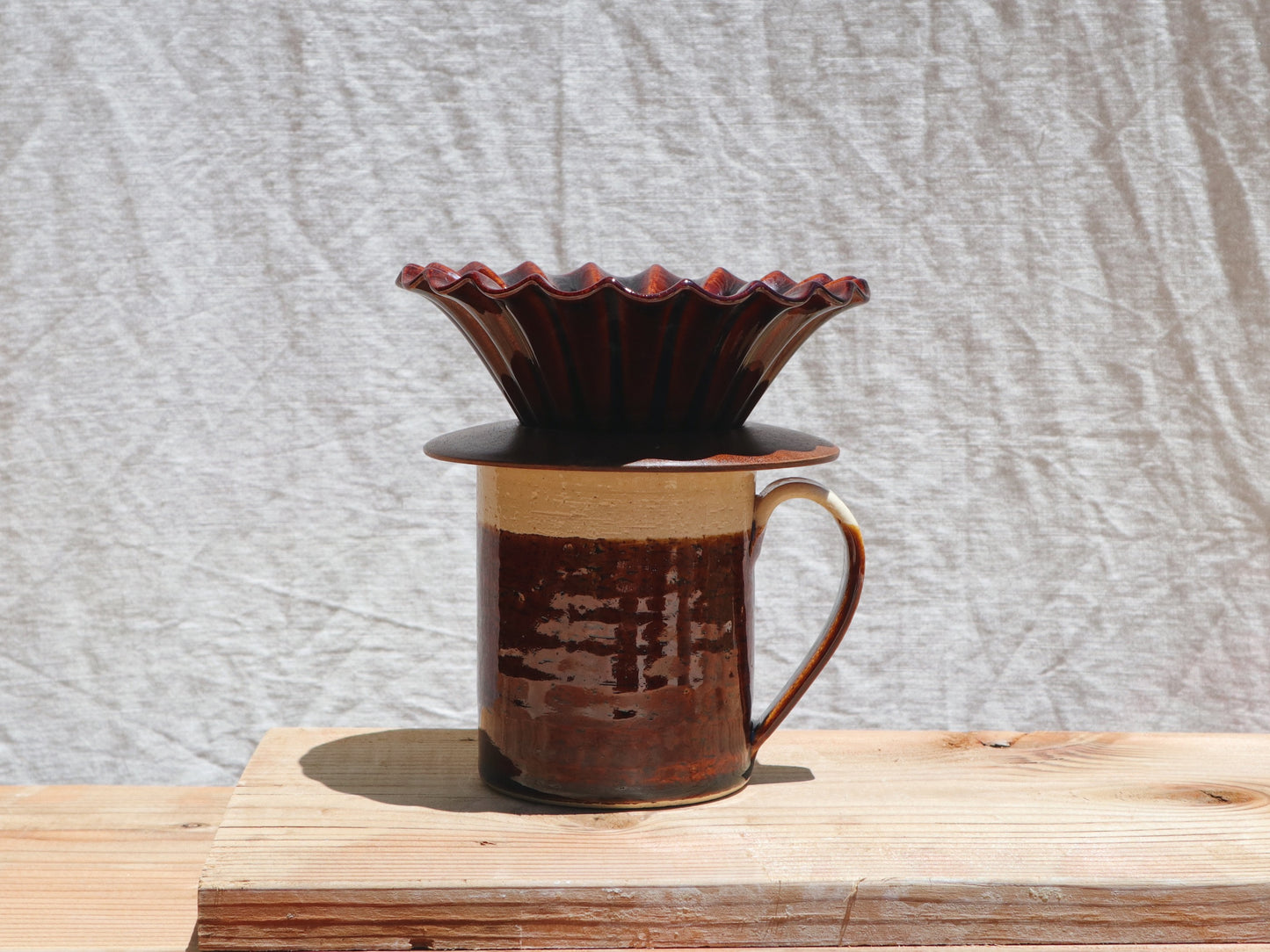 Mino Ware Ceramic Coffee Dripper With Wooden Holder Set